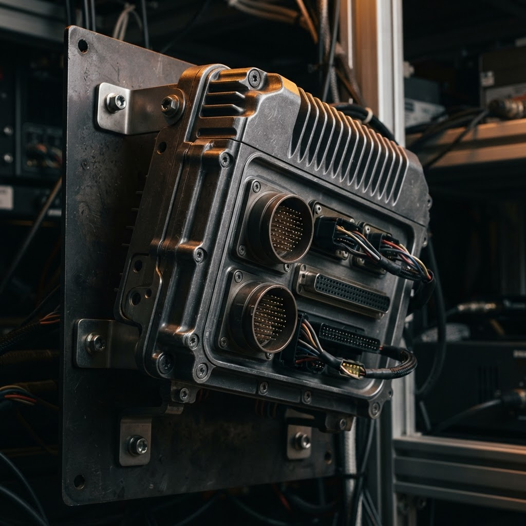 ECU de controle customizada desenvolvida pela Sync-OS, em invólucro de alumínio industrial