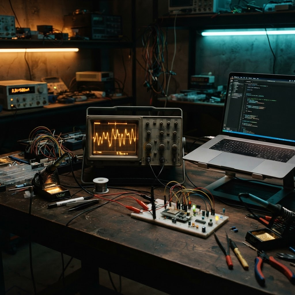 Bancada de engenharia da Sync-OS com osciloscópio e placas em desenvolvimento